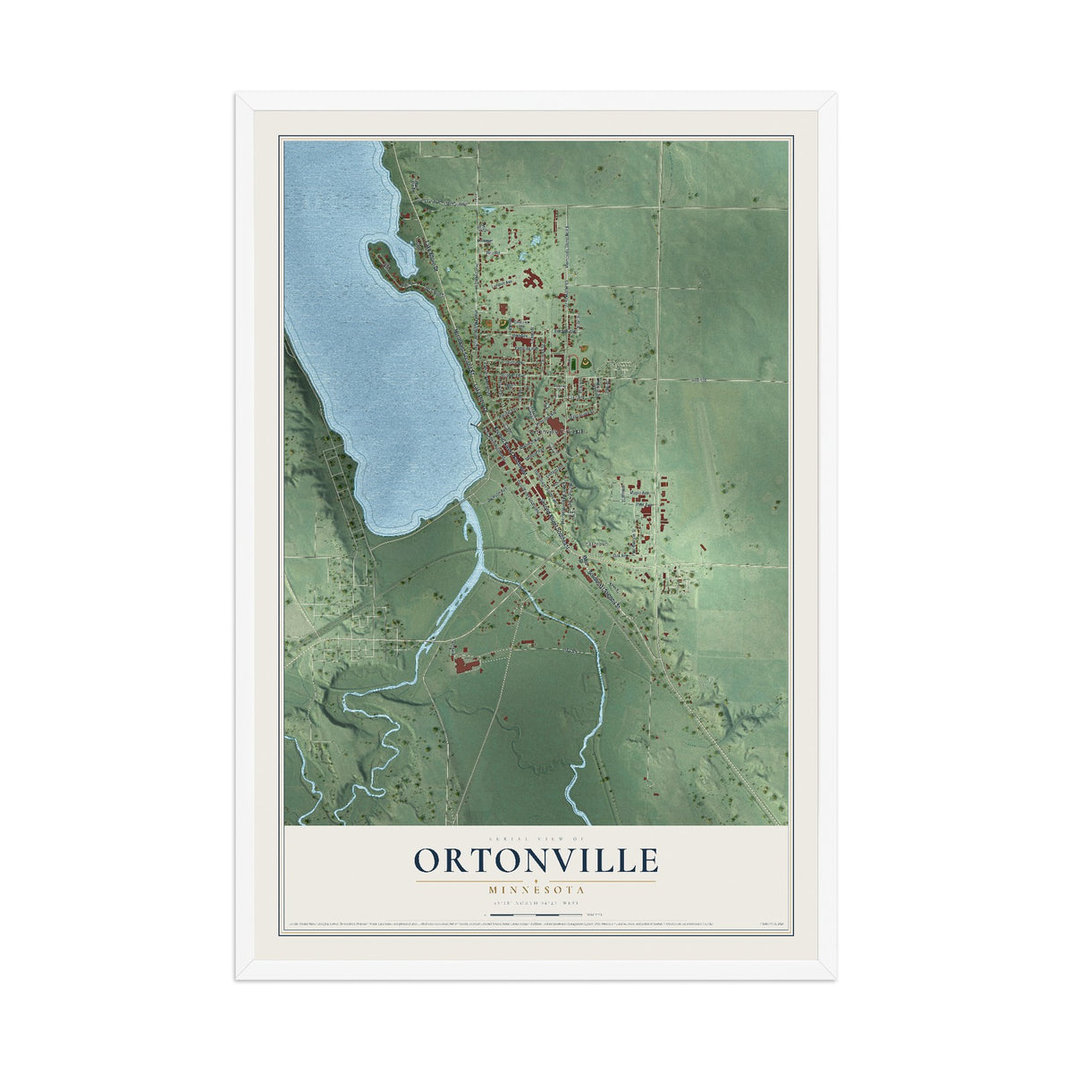 Map of Ortonville, Minnesota, 12 x 18 inch print in a white wood frame