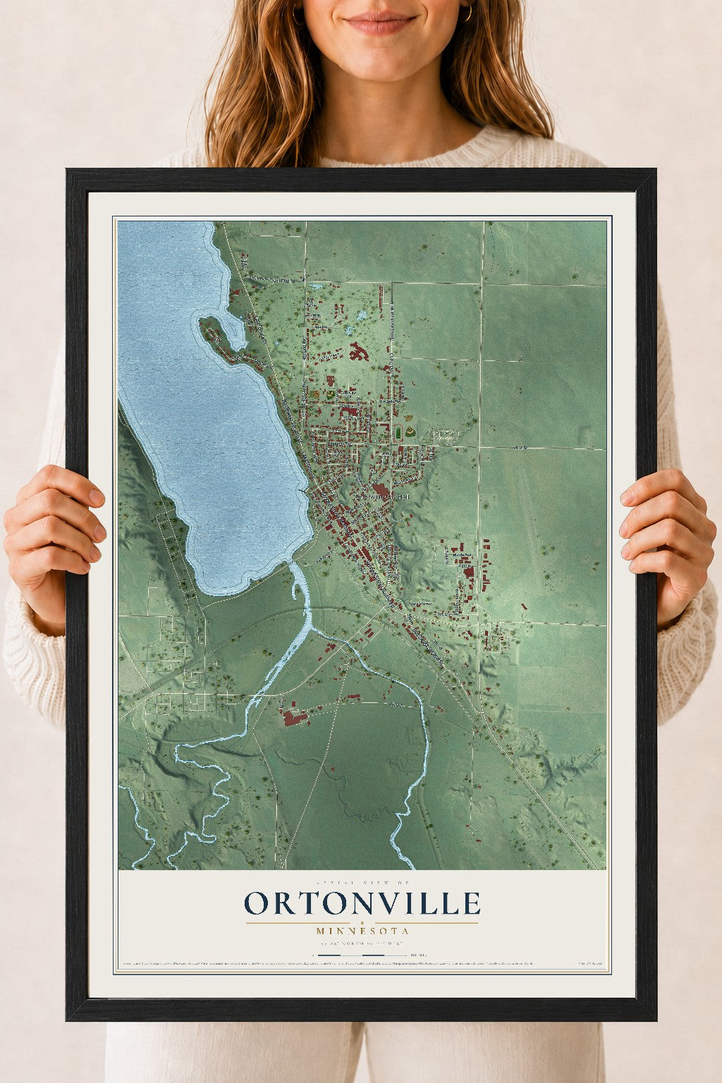 Map of Ortonville, Minnesota, 18 x 24 inch print in a black wood frame