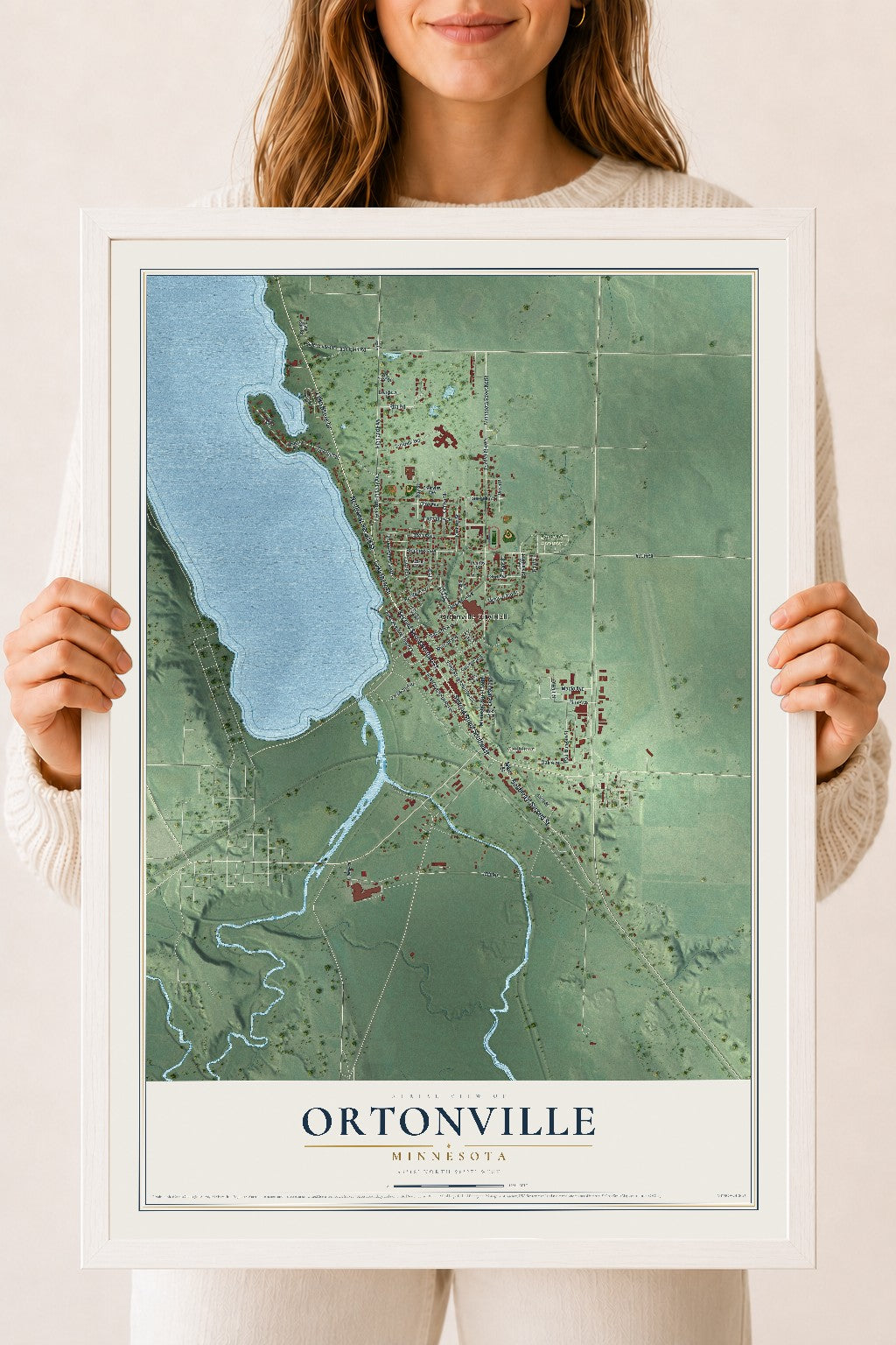 Map of Ortonville, Minnesota, 18 x 24 inch print in a white wood frame