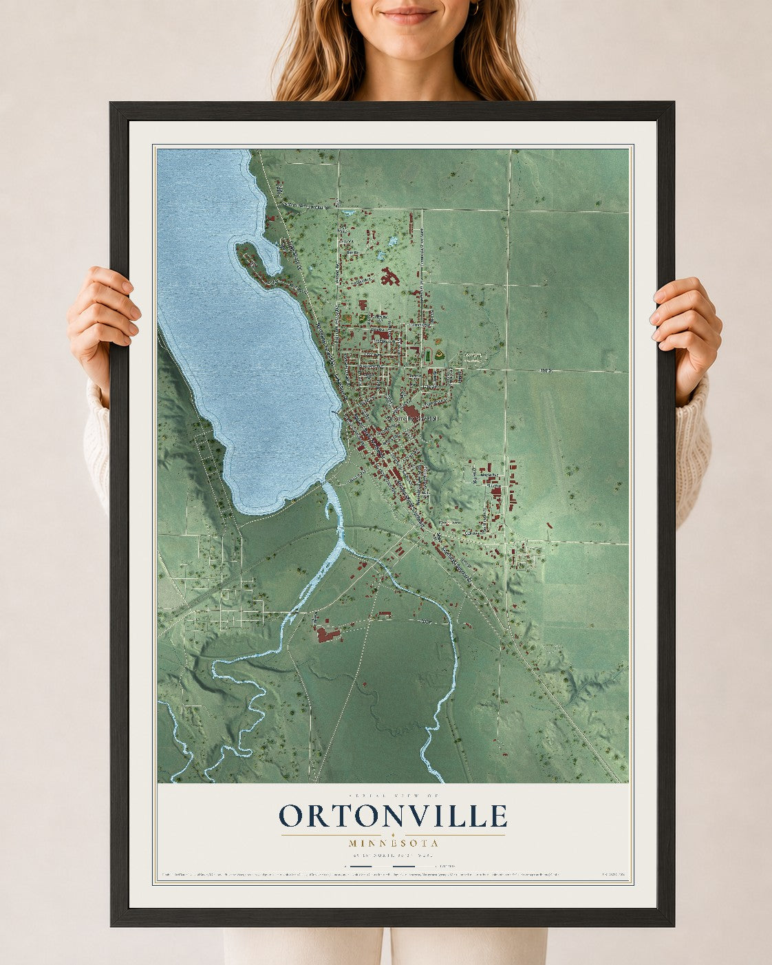 Map of Ortonville, Minnesota, 24 x 36 inch print in a black wood frame