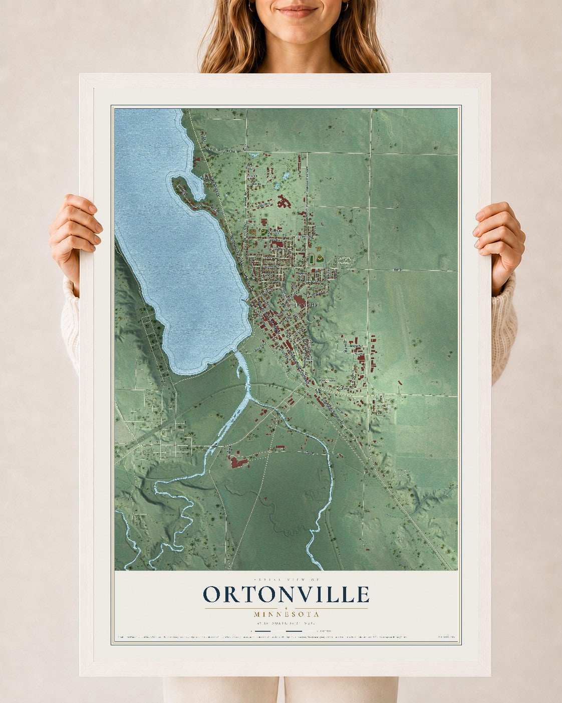 Map of Ortonville, Minnesota, 24 x 36 inch print in a white wood frame