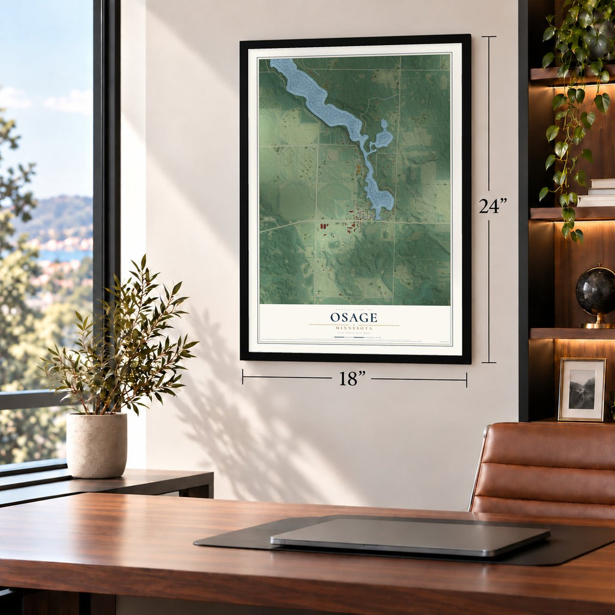 Osage, Minnesota map, 18 x 24 inch print in a black frame in a home office