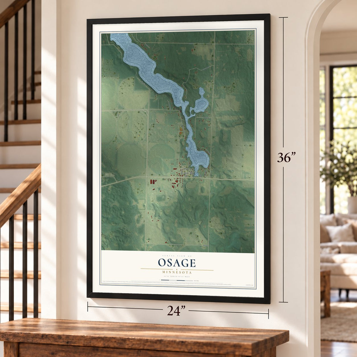Osage, Minnesota map, 24 x 36 inch print in a black frame by a staircase