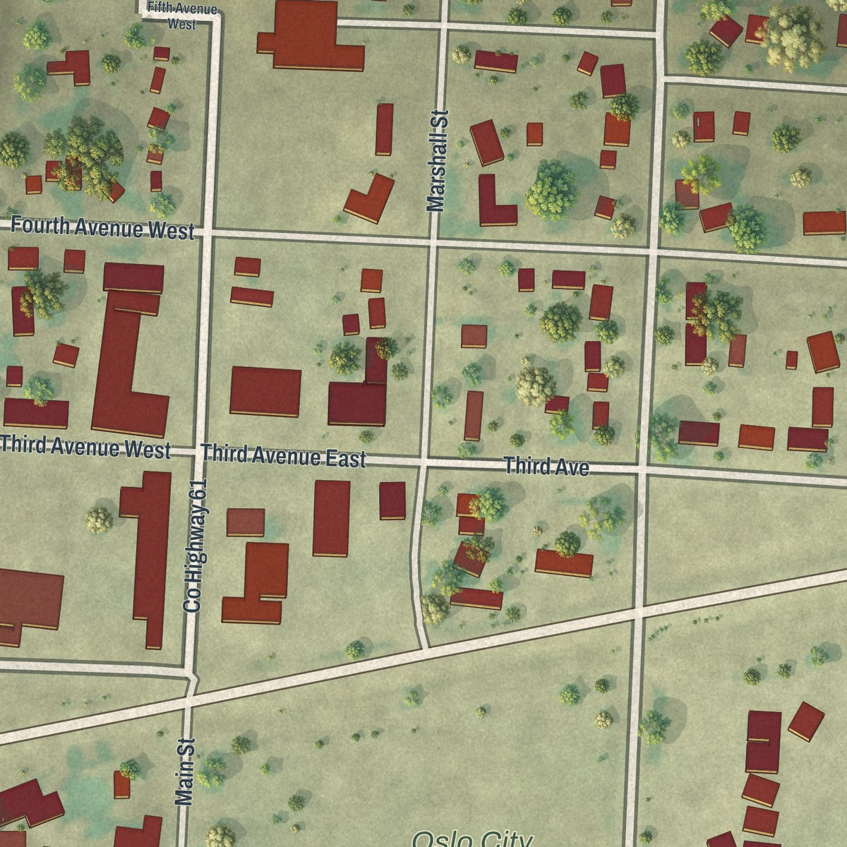 Close-up of the map of Oslo, Minnesota print showing street and building detail
