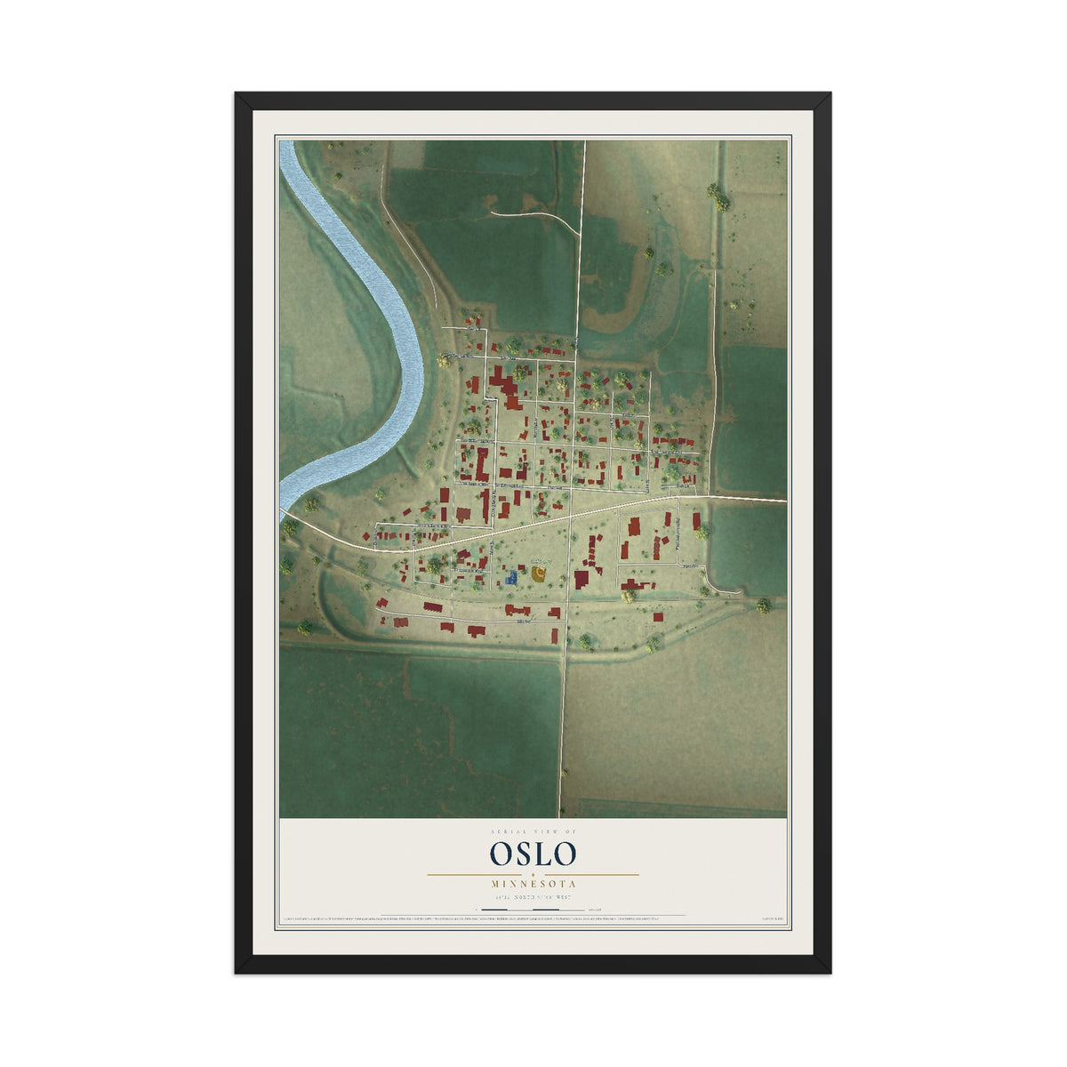 Map of Oslo, Minnesota, 12 x 18 inch print in a black wood frame