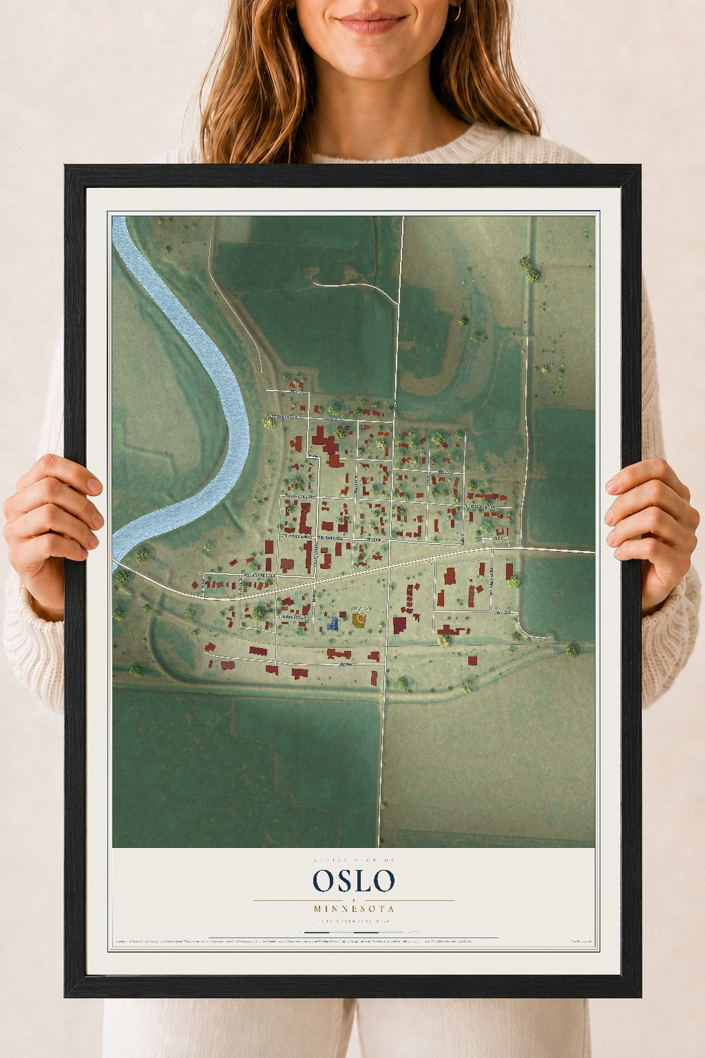 Map of Oslo, Minnesota, 18 x 24 inch print in a black wood frame