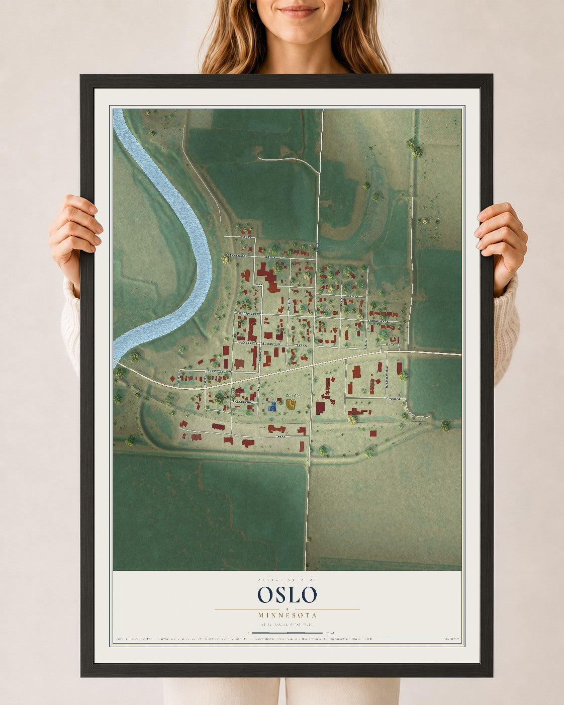 Map of Oslo, Minnesota, 24 x 36 inch print in a black wood frame
