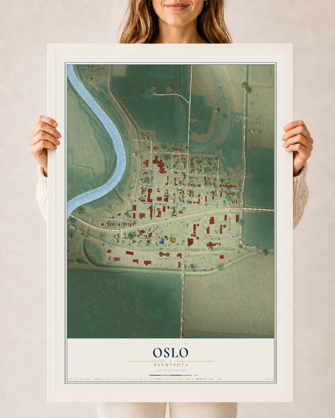 Map of Oslo, Minnesota, 24 x 36 inch print in a white wood frame