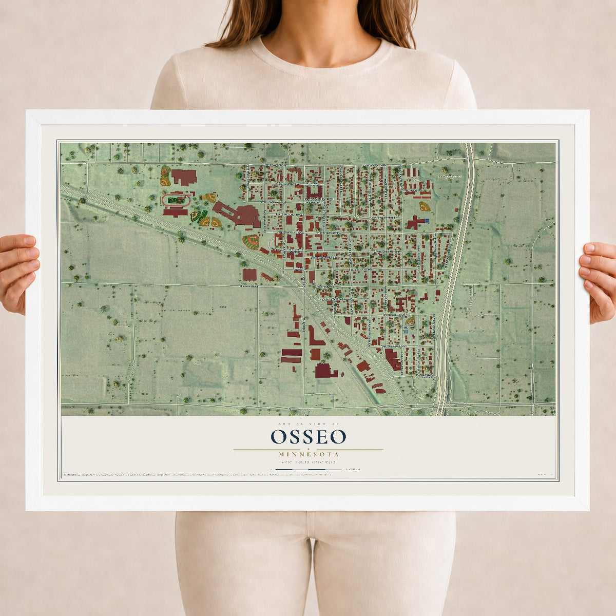 Map of Osseo, Minnesota, 18 x 24 inch print in a white wood frame