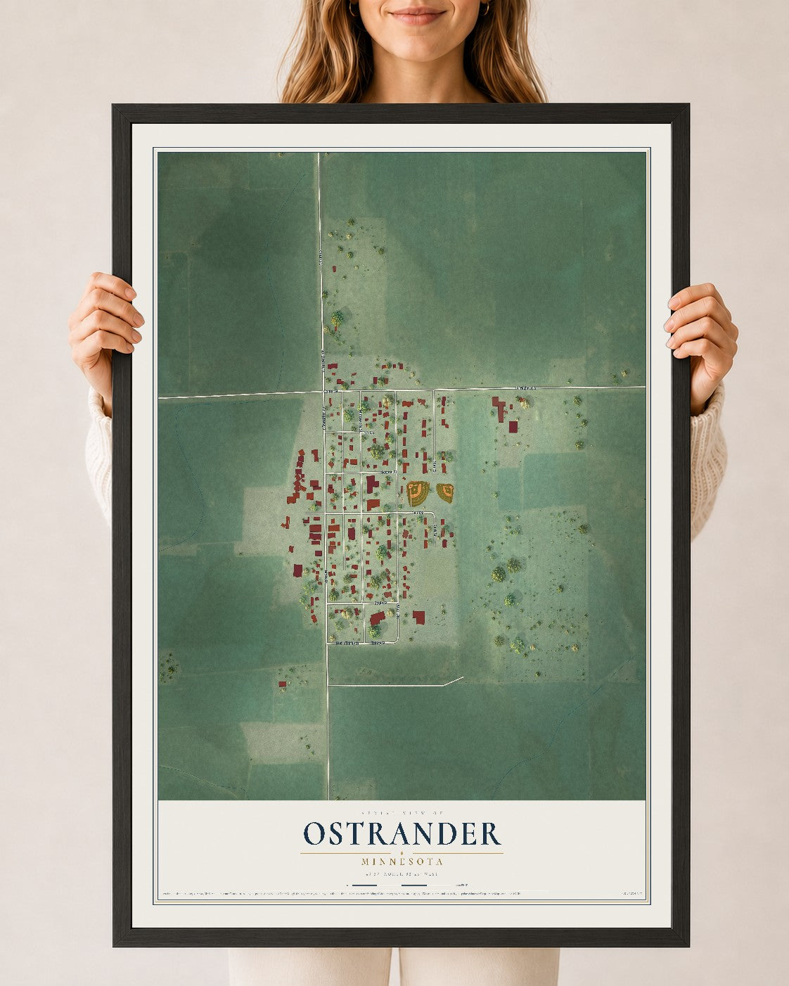 Map of Ostrander, Minnesota, 24 x 36 inch print in a black wood frame