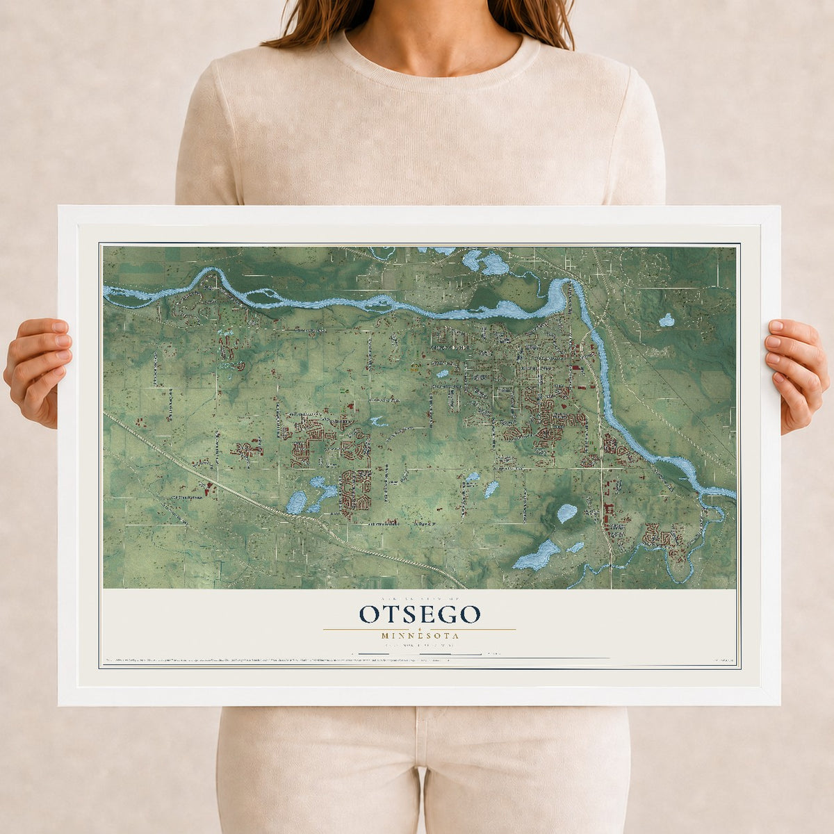 Map of Otsego, Minnesota, 12 x 18 inch print in a white wood frame