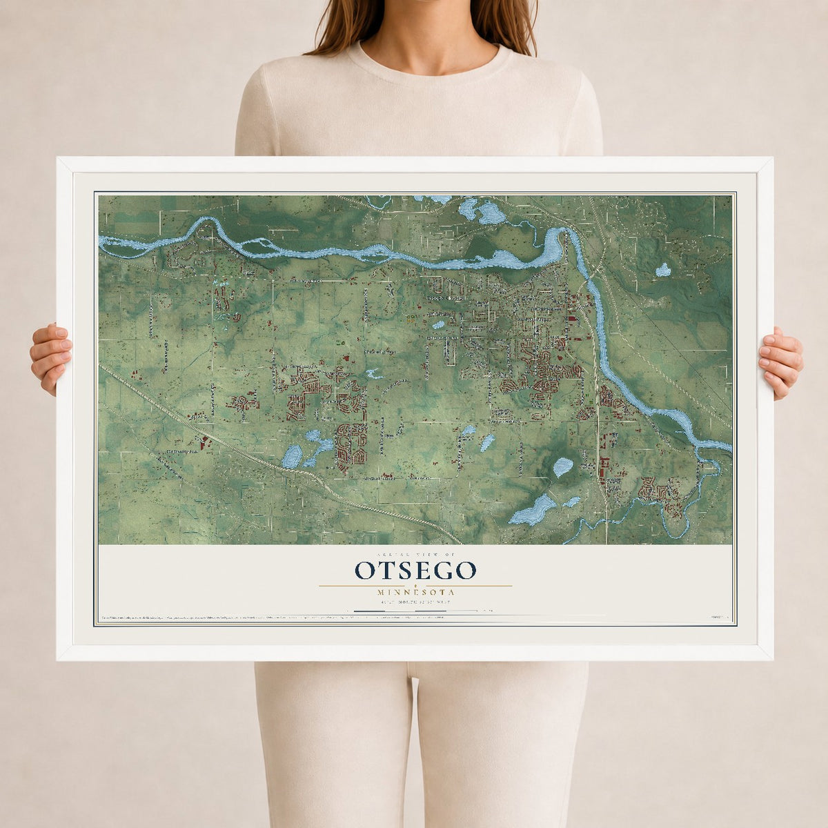 Map of Otsego, Minnesota, 24 x 36 inch print in a white wood frame