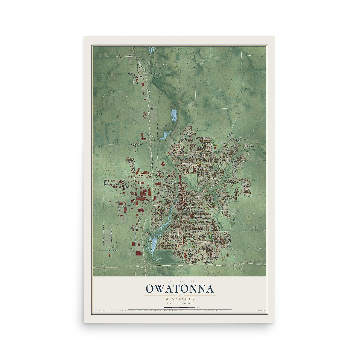 Map of Owatonna, Minnesota, 12 x 18 inch unframed archival matte print