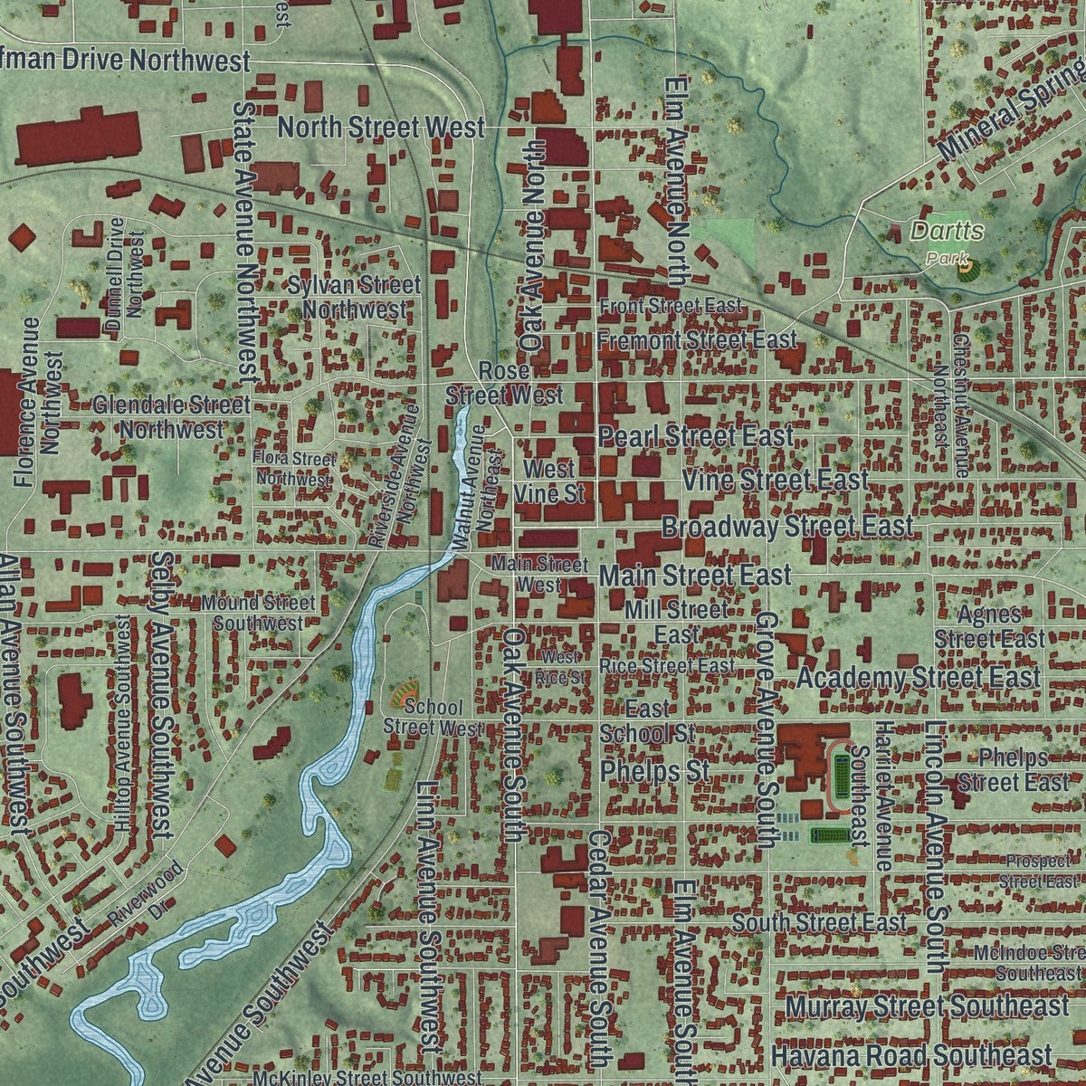 Close-up of the map of Owatonna, Minnesota print showing street and building detail