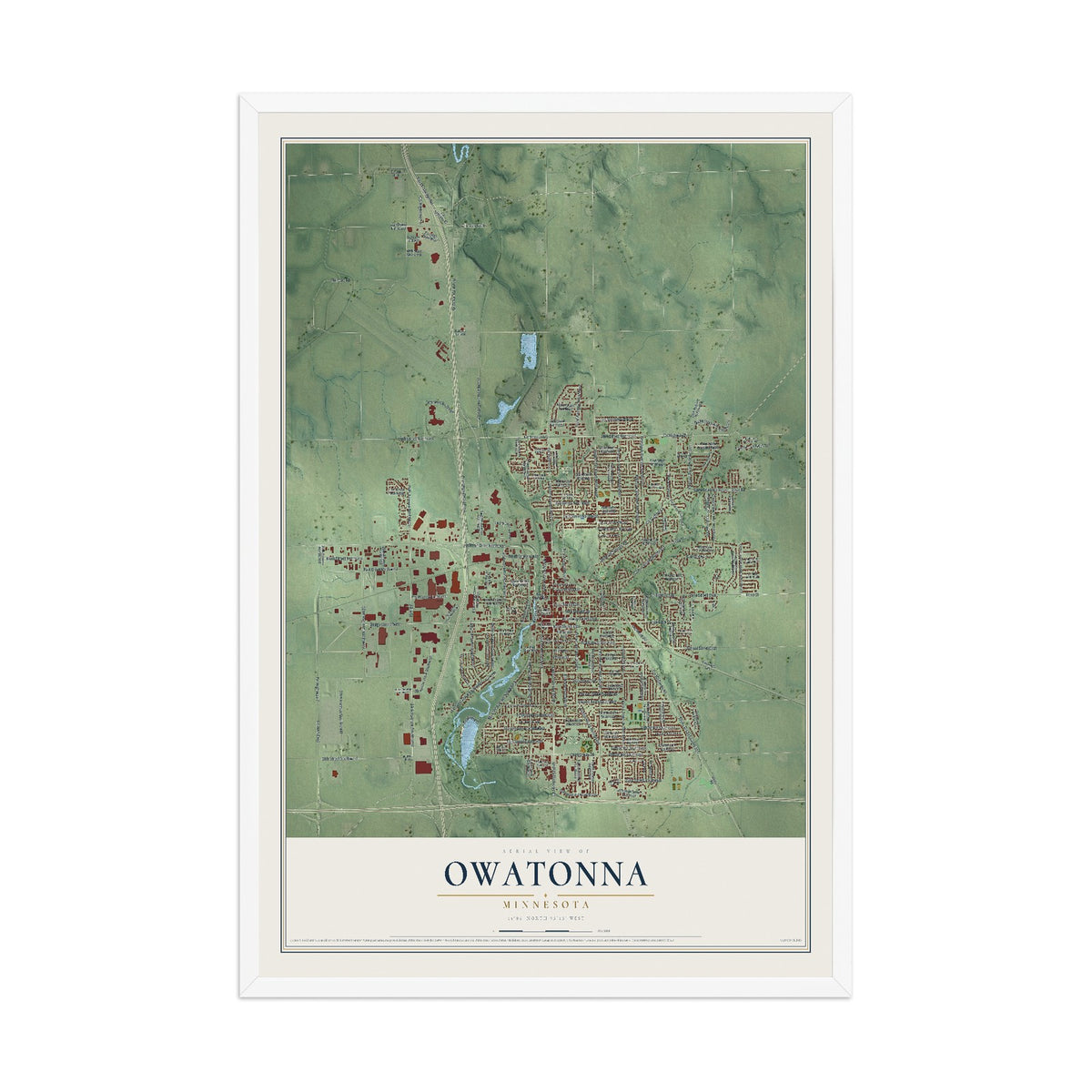 Map of Owatonna, Minnesota, 12 x 18 inch print in a white wood frame