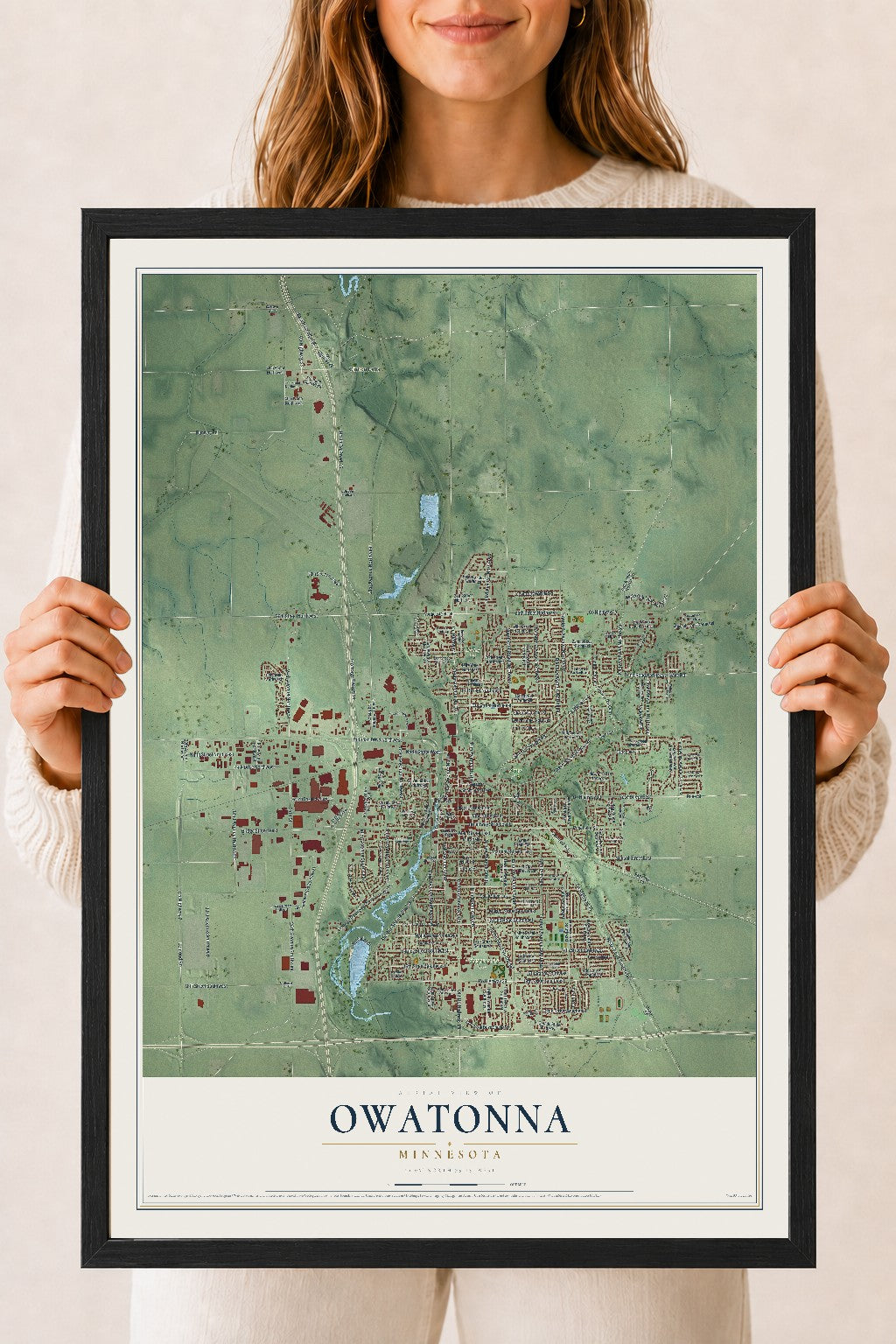 Map of Owatonna, Minnesota, 18 x 24 inch print in a black wood frame
