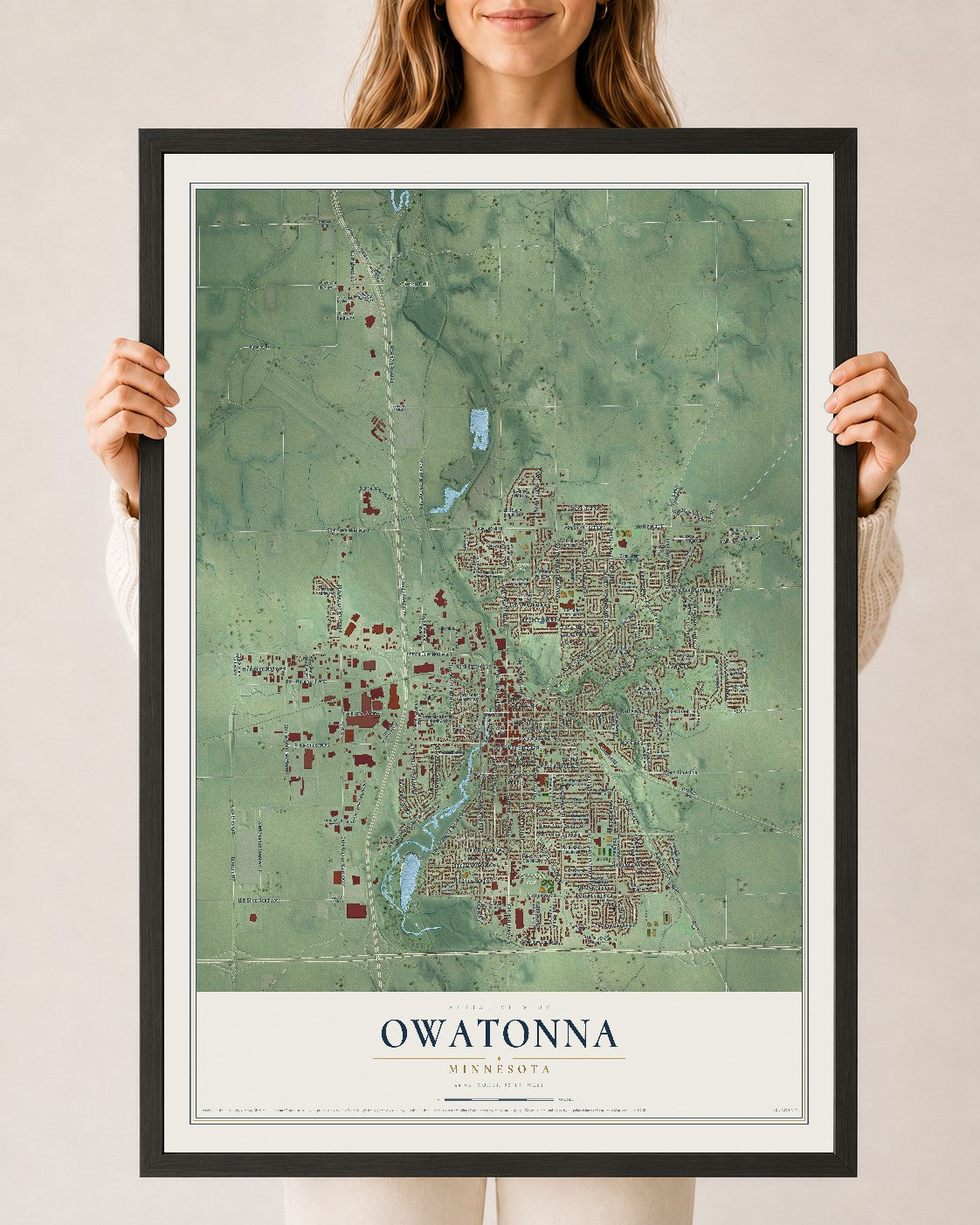 Map of Owatonna, Minnesota, 24 x 36 inch print in a black wood frame