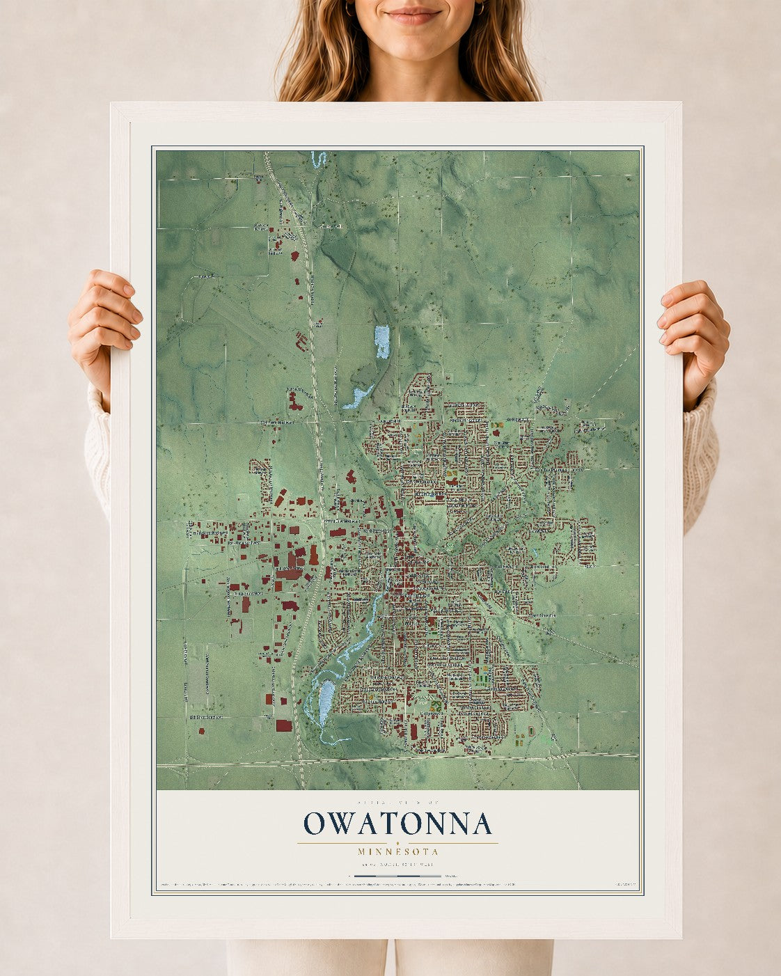Map of Owatonna, Minnesota, 24 x 36 inch print in a white wood frame
