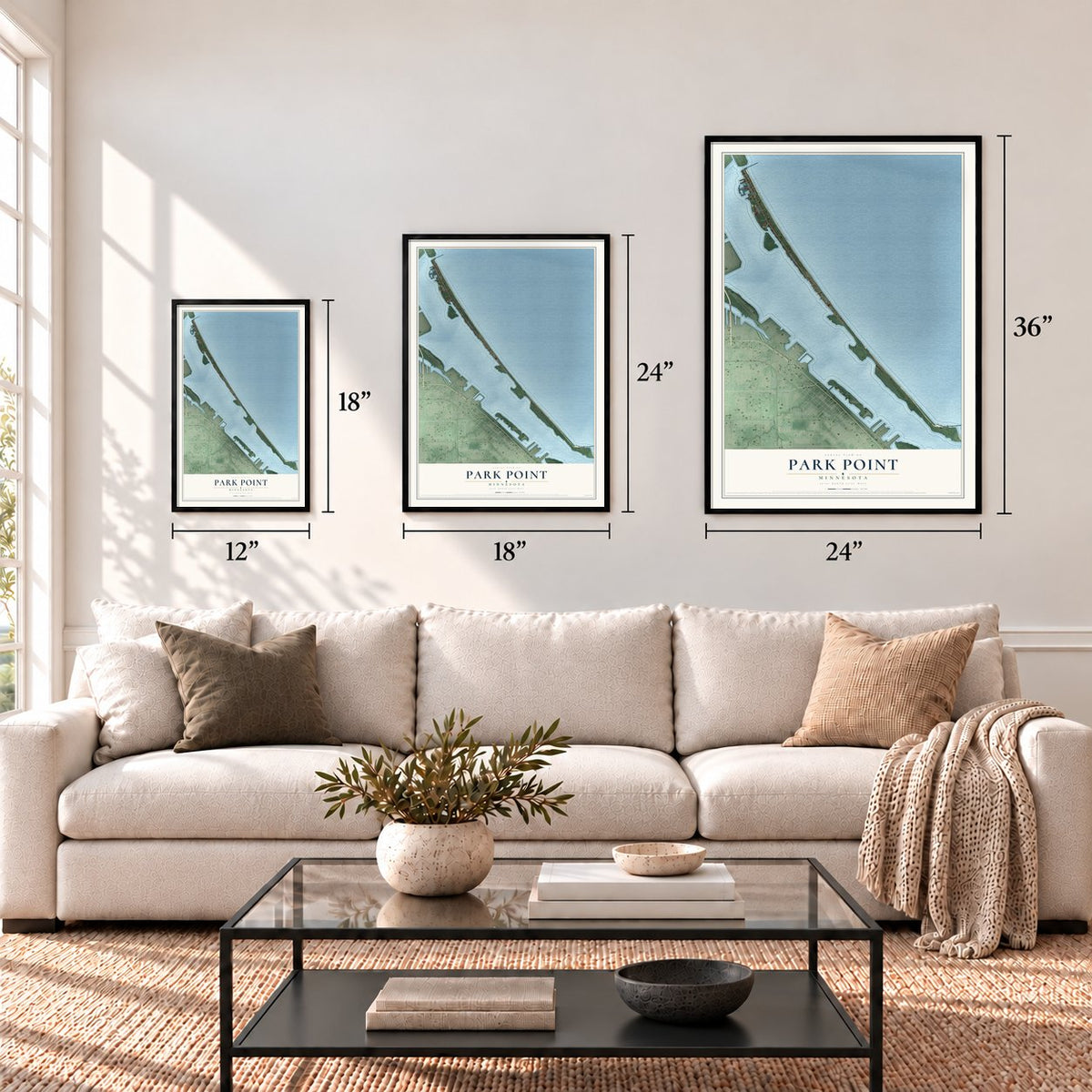 Park Point, Minnesota map in 12 x 18, 18 x 24 and 24 x 36 inch sizes above a sofa