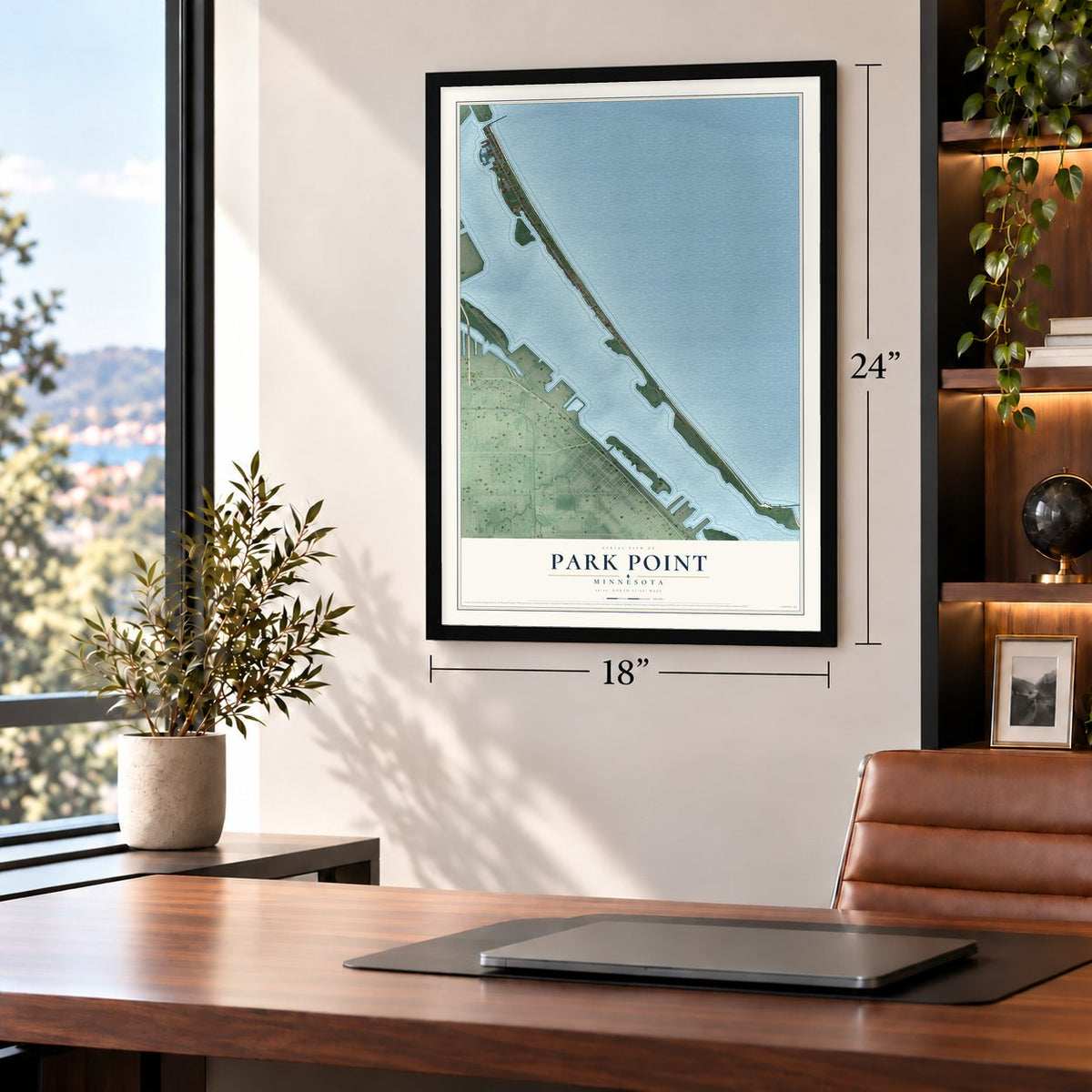 Park Point, Minnesota map, 18 x 24 inch print in a black frame in a home office