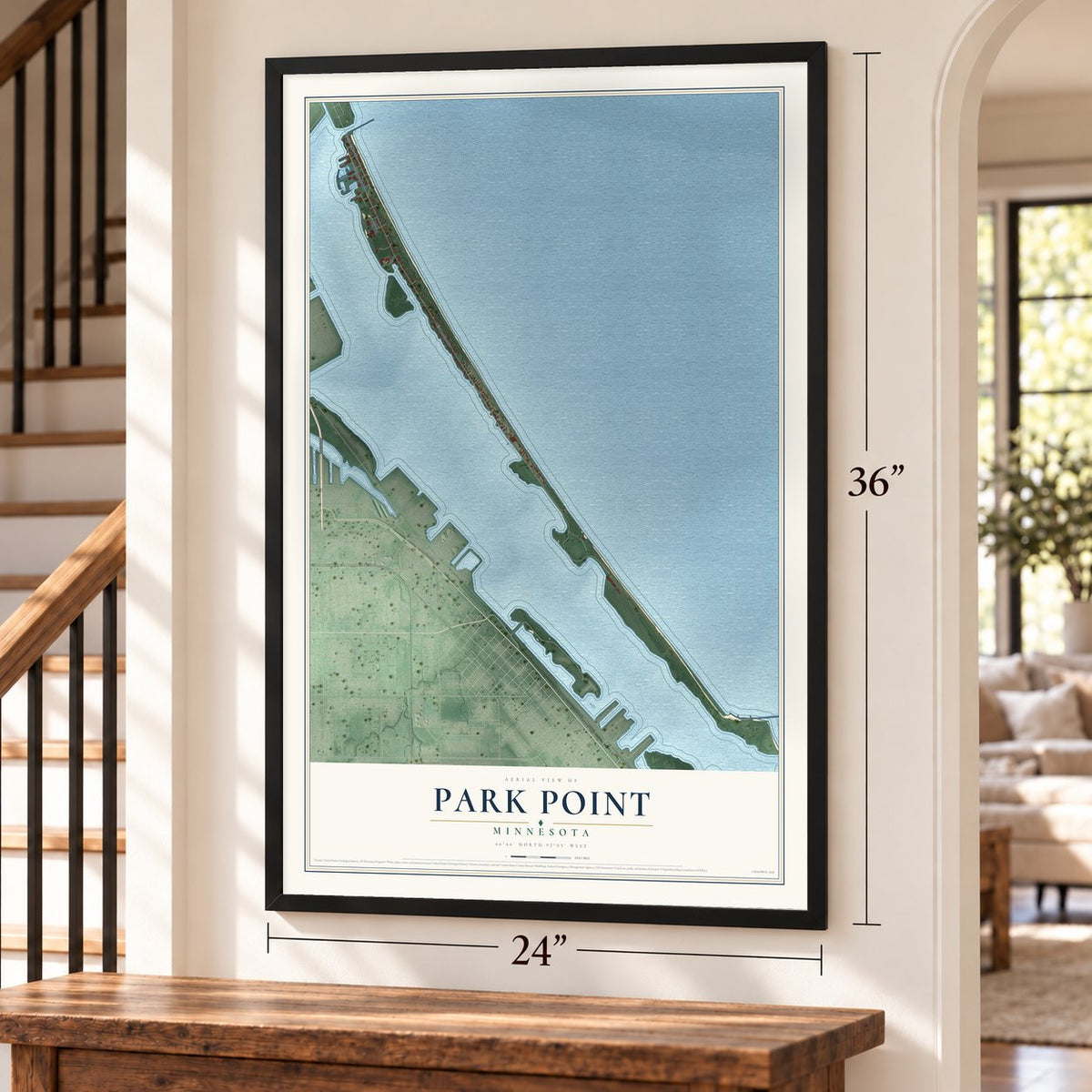 Park Point, Minnesota map, 24 x 36 inch print in a black frame by a staircase