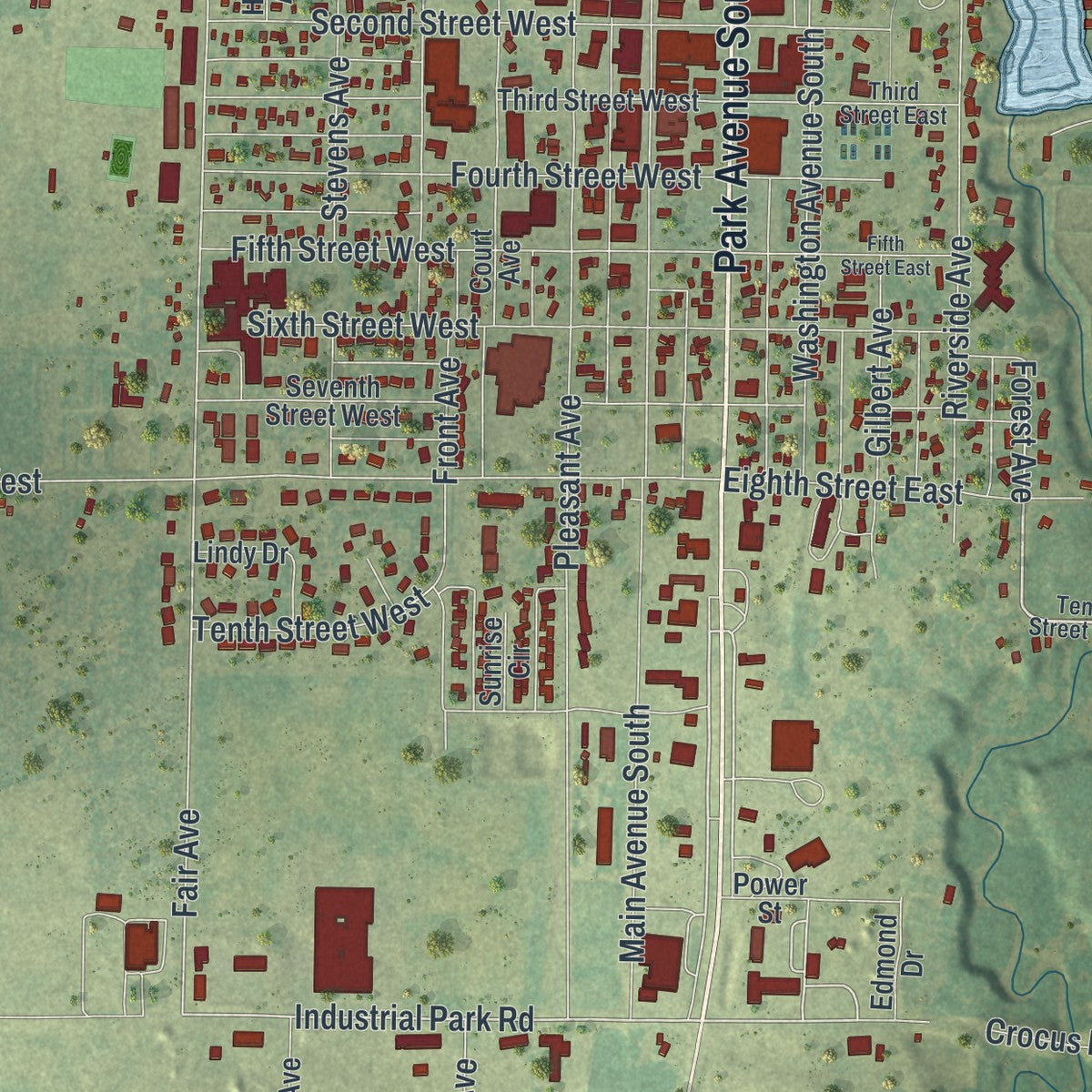 Close-up of the map of Park Rapids, Minnesota print showing street and building detail
