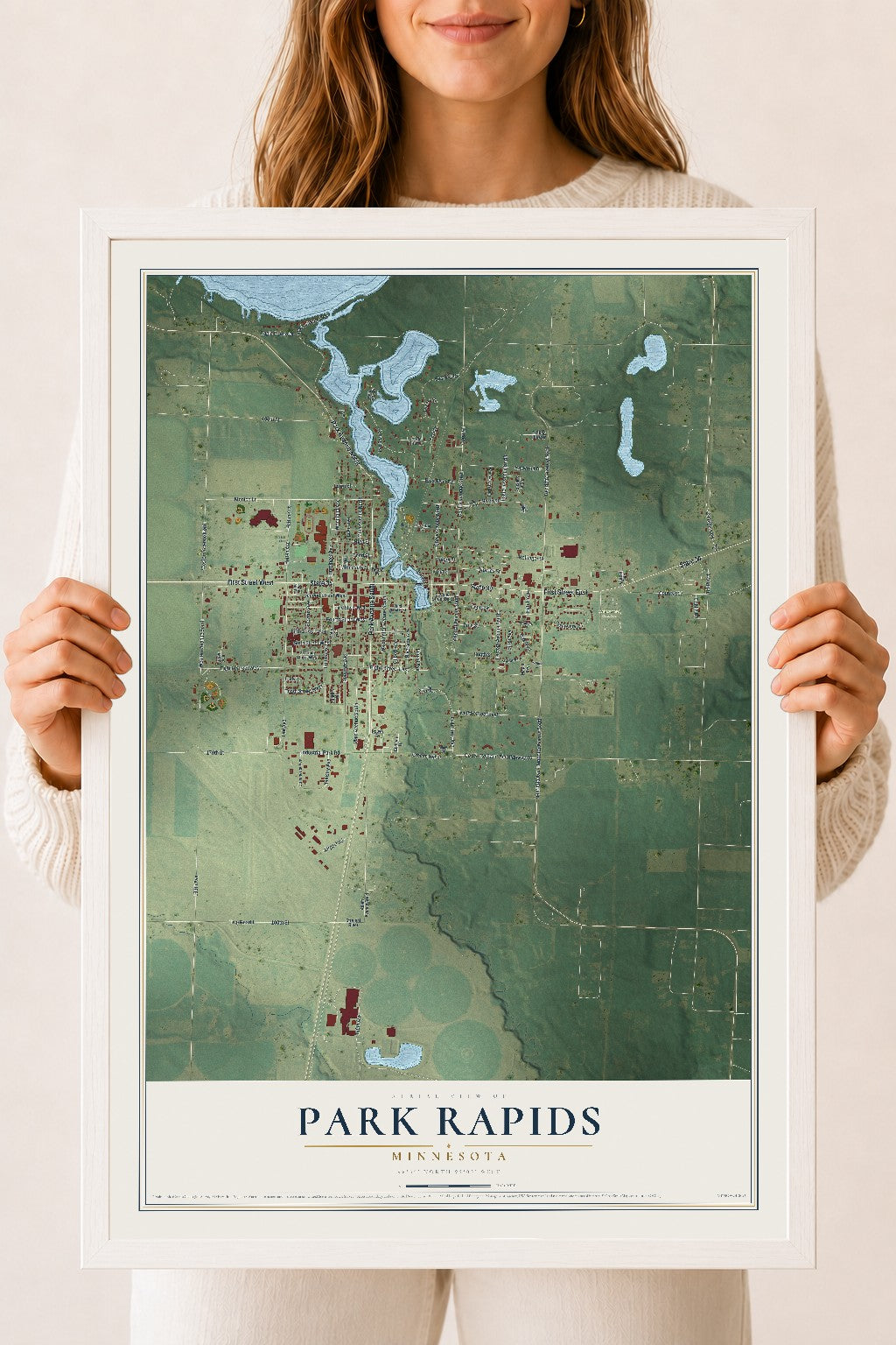 Map of Park Rapids, Minnesota, 18 x 24 inch print in a white wood frame