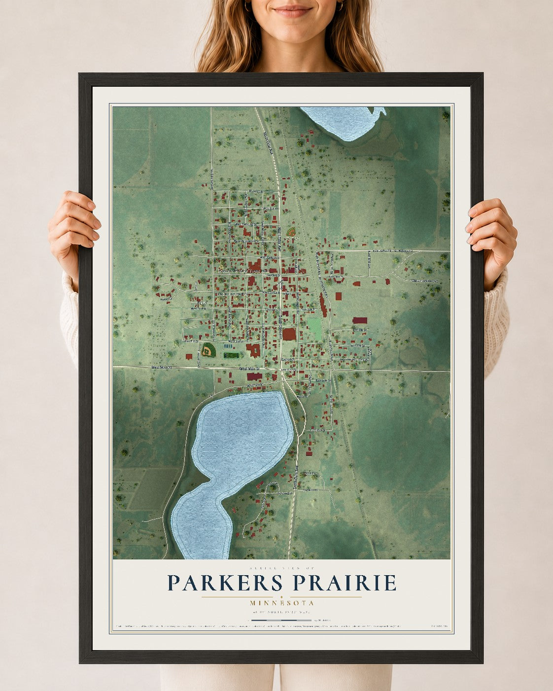 Map of Parkers Prairie, Minnesota, 24 x 36 inch print in a black wood frame