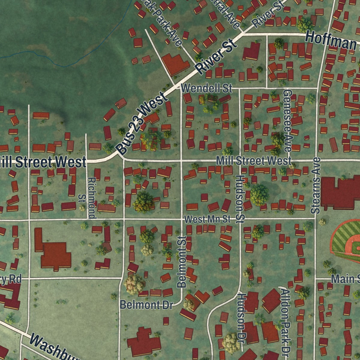 Close-up of the map of Paynesville, Minnesota print showing street and building detail