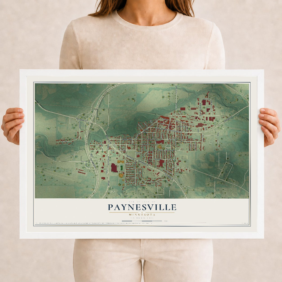 Map of Paynesville, Minnesota, 12 x 18 inch print in a white wood frame