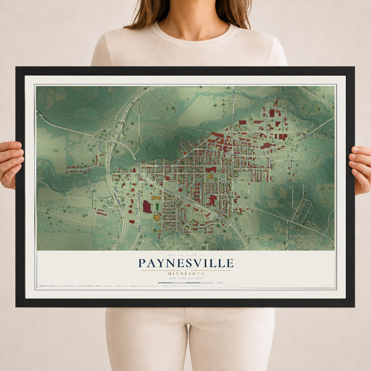 Map of Paynesville, Minnesota, 18 x 24 inch print in a black wood frame