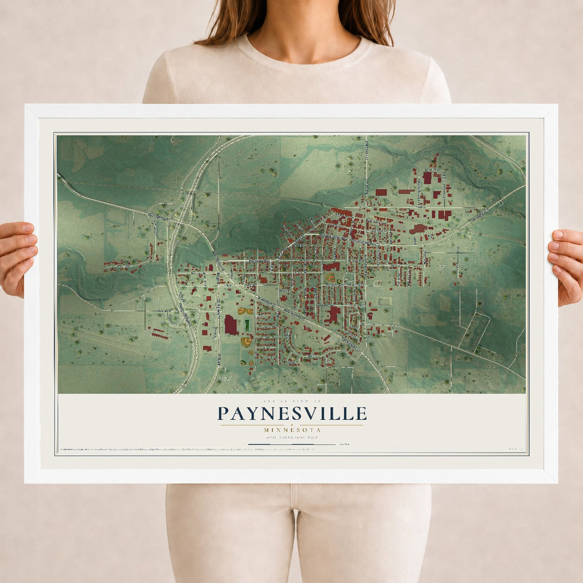 Map of Paynesville, Minnesota, 18 x 24 inch print in a white wood frame
