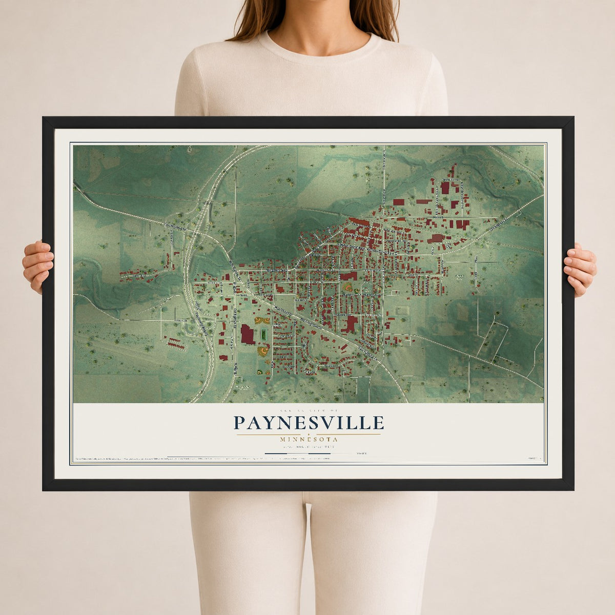 Map of Paynesville, Minnesota, 24 x 36 inch print in a black wood frame
