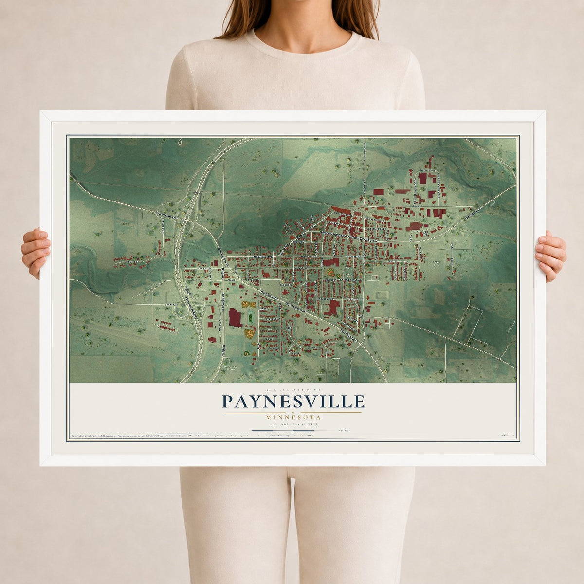 Map of Paynesville, Minnesota, 24 x 36 inch print in a white wood frame