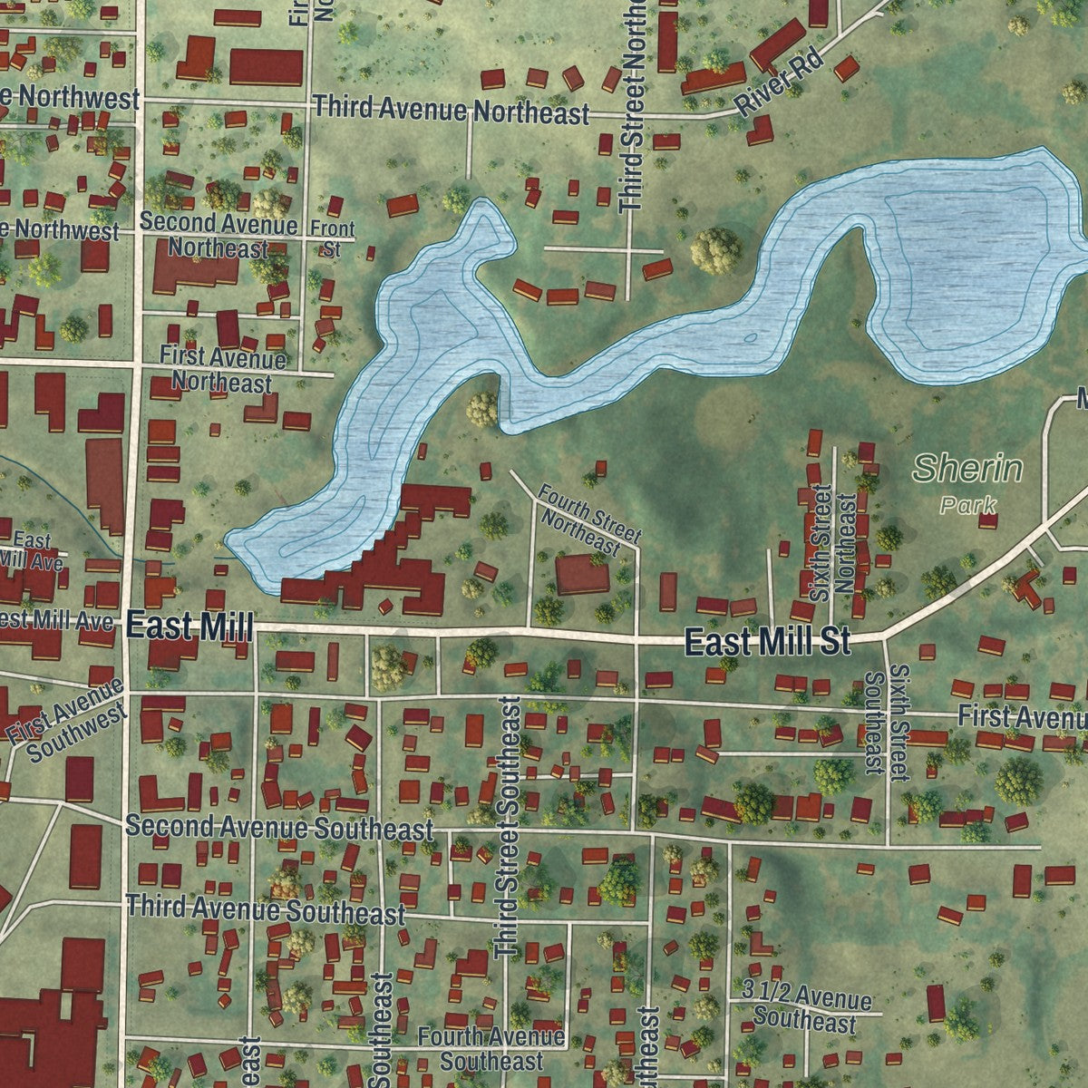 Close-up of the map of Pelican Rapids, Minnesota print showing street and building detail