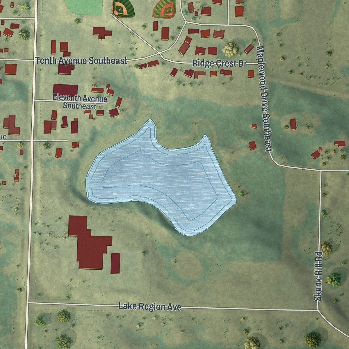 Second close-up of the map of Pelican Rapids, Minnesota print showing more streets and buildings