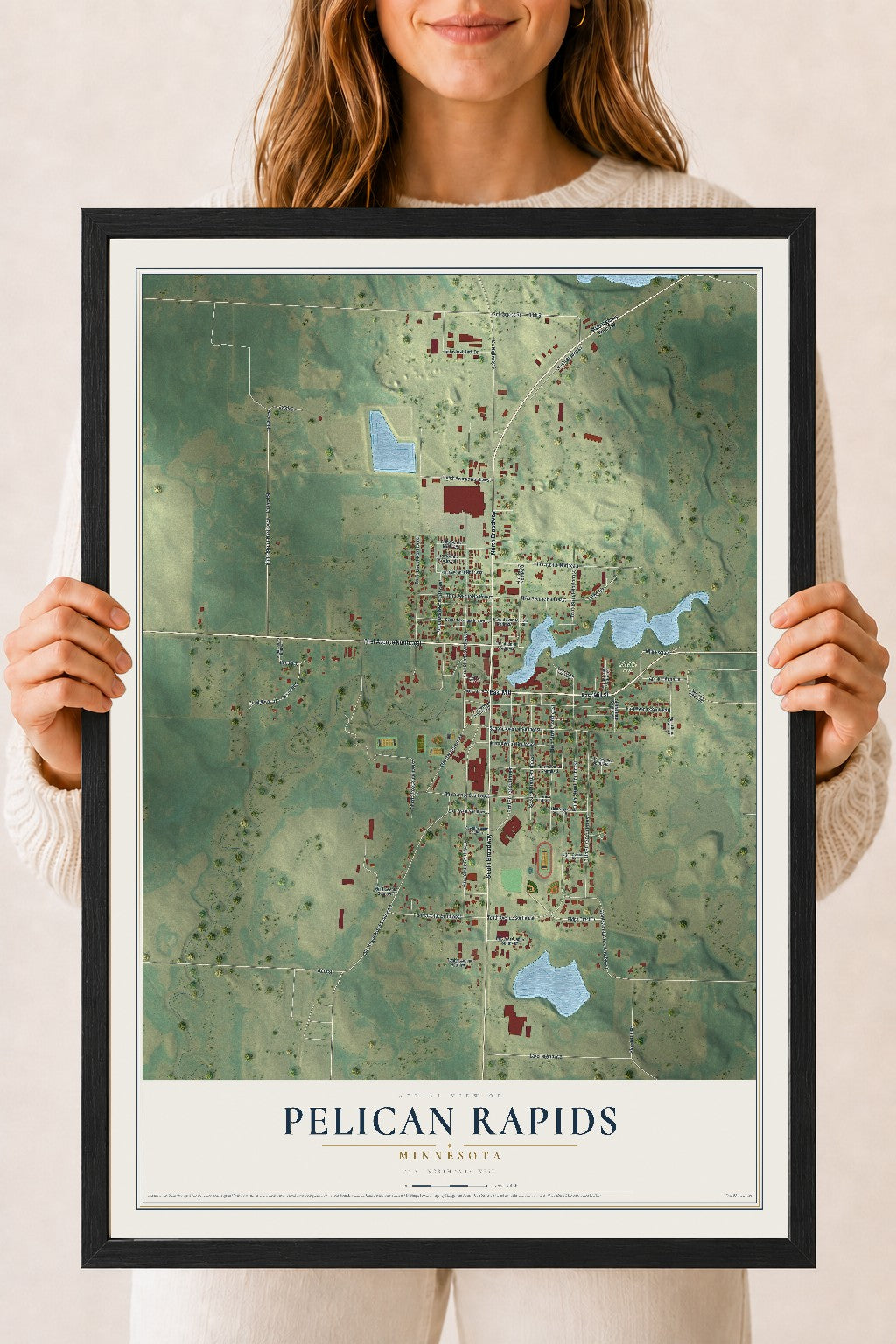Map of Pelican Rapids, Minnesota, 18 x 24 inch print in a black wood frame