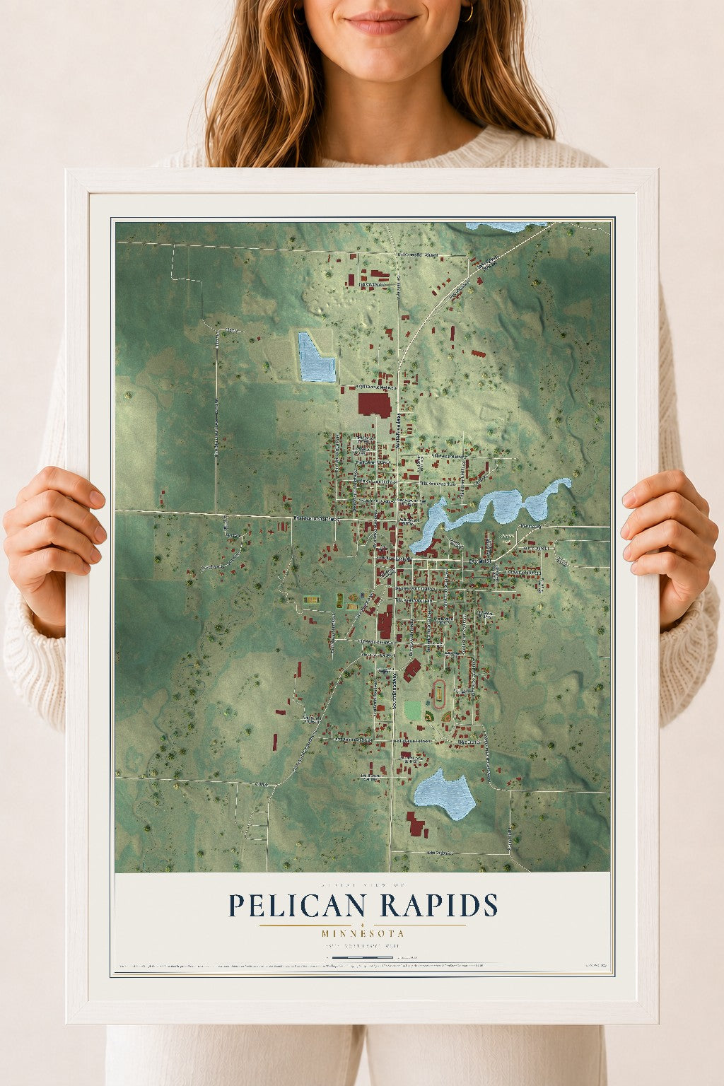 Map of Pelican Rapids, Minnesota, 18 x 24 inch print in a white wood frame