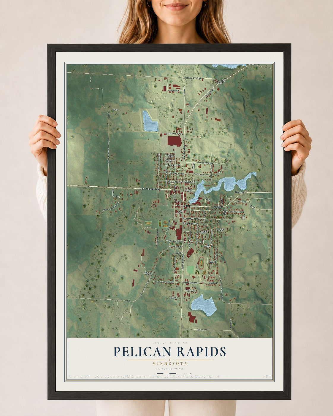 Map of Pelican Rapids, Minnesota, 24 x 36 inch print in a black wood frame