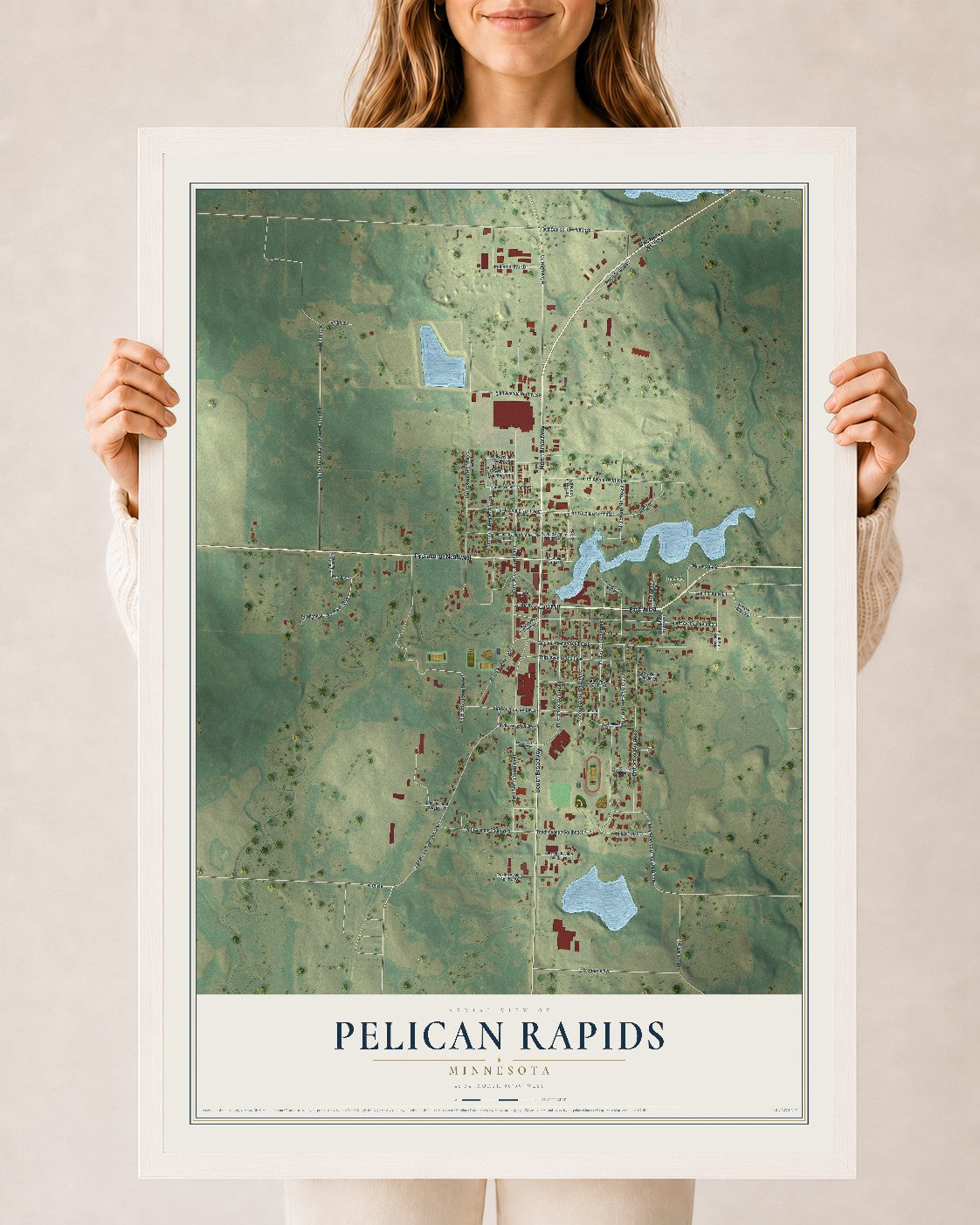 Map of Pelican Rapids, Minnesota, 24 x 36 inch print in a white wood frame