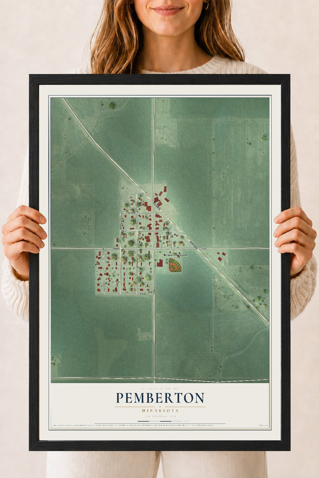 Map of Pemberton, Minnesota, 18 x 24 inch print in a black wood frame