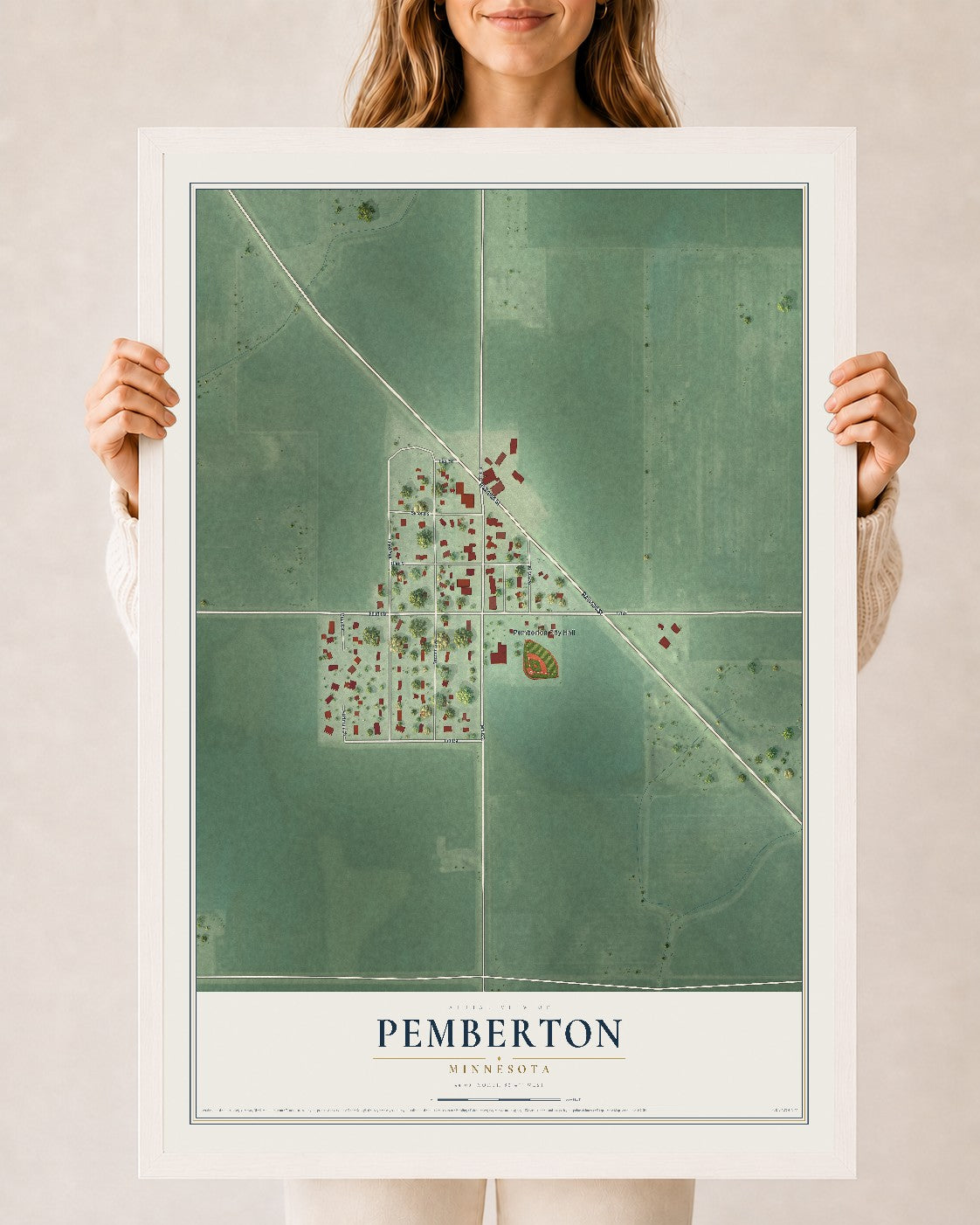 Map of Pemberton, Minnesota, 24 x 36 inch print in a white wood frame