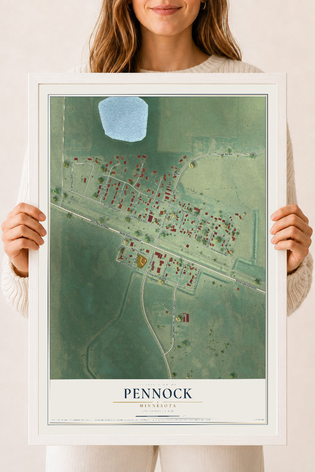 Map of Pennock, Minnesota, 18 x 24 inch print in a white wood frame