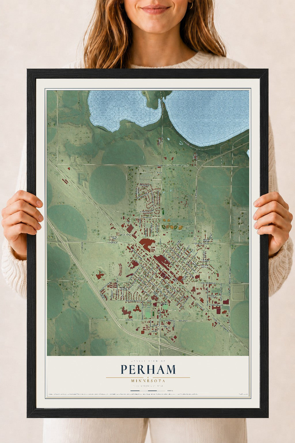 Map of Perham, Minnesota, 18 x 24 inch print in a black wood frame