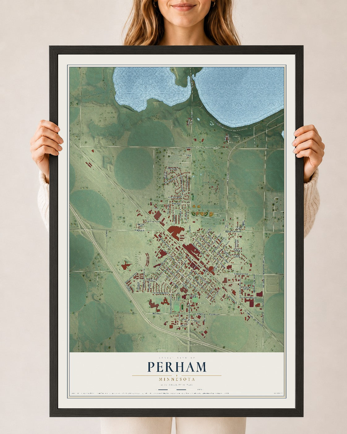 Map of Perham, Minnesota, 24 x 36 inch print in a black wood frame