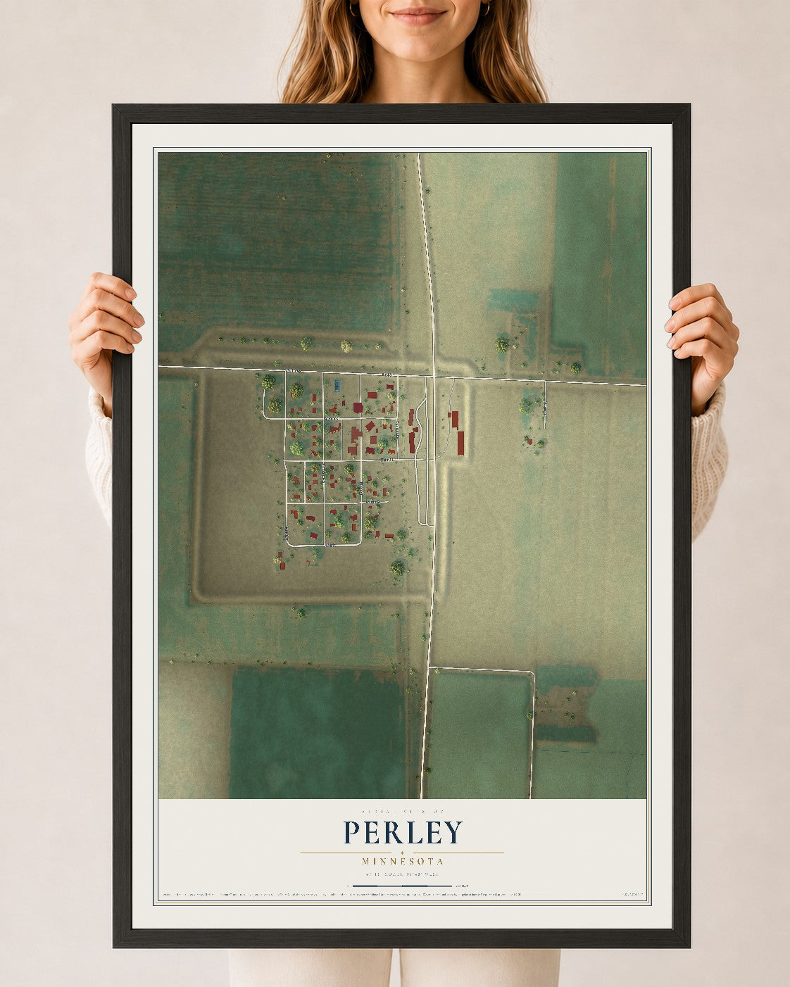 Map of Perley, Minnesota, 24 x 36 inch print in a black wood frame