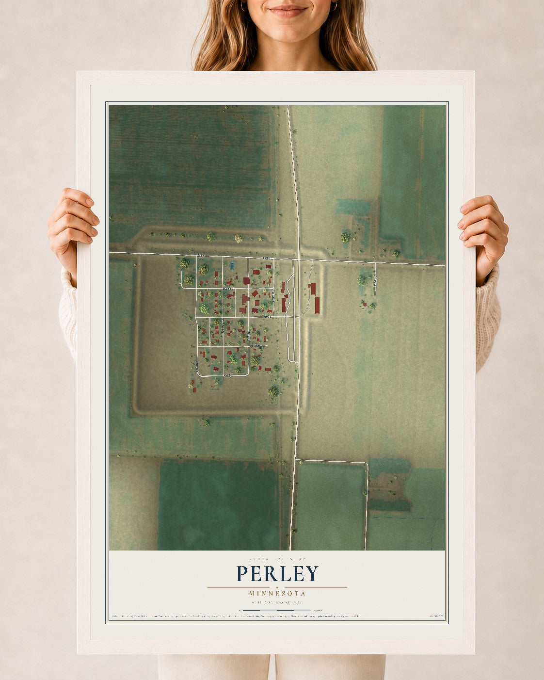 Map of Perley, Minnesota, 24 x 36 inch print in a white wood frame