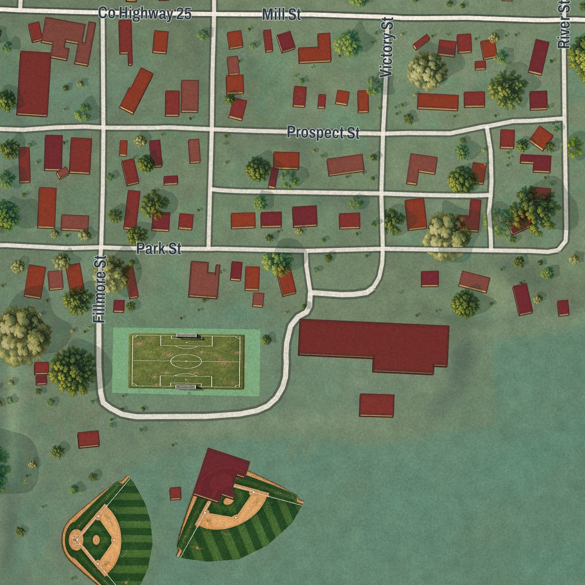 Close-up of the map of Peterson, Minnesota print showing street and building detail