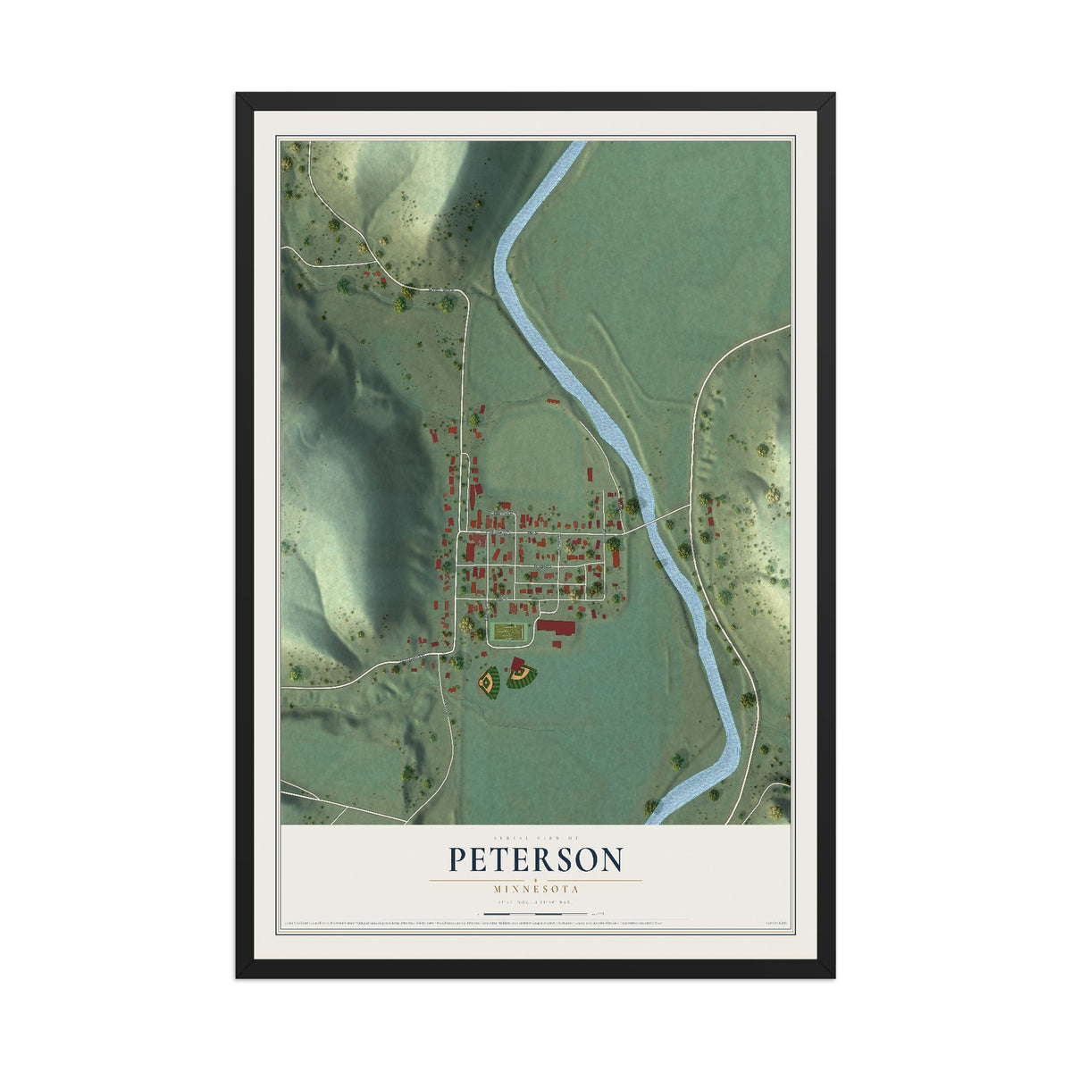 Map of Peterson, Minnesota, 12 x 18 inch print in a black wood frame