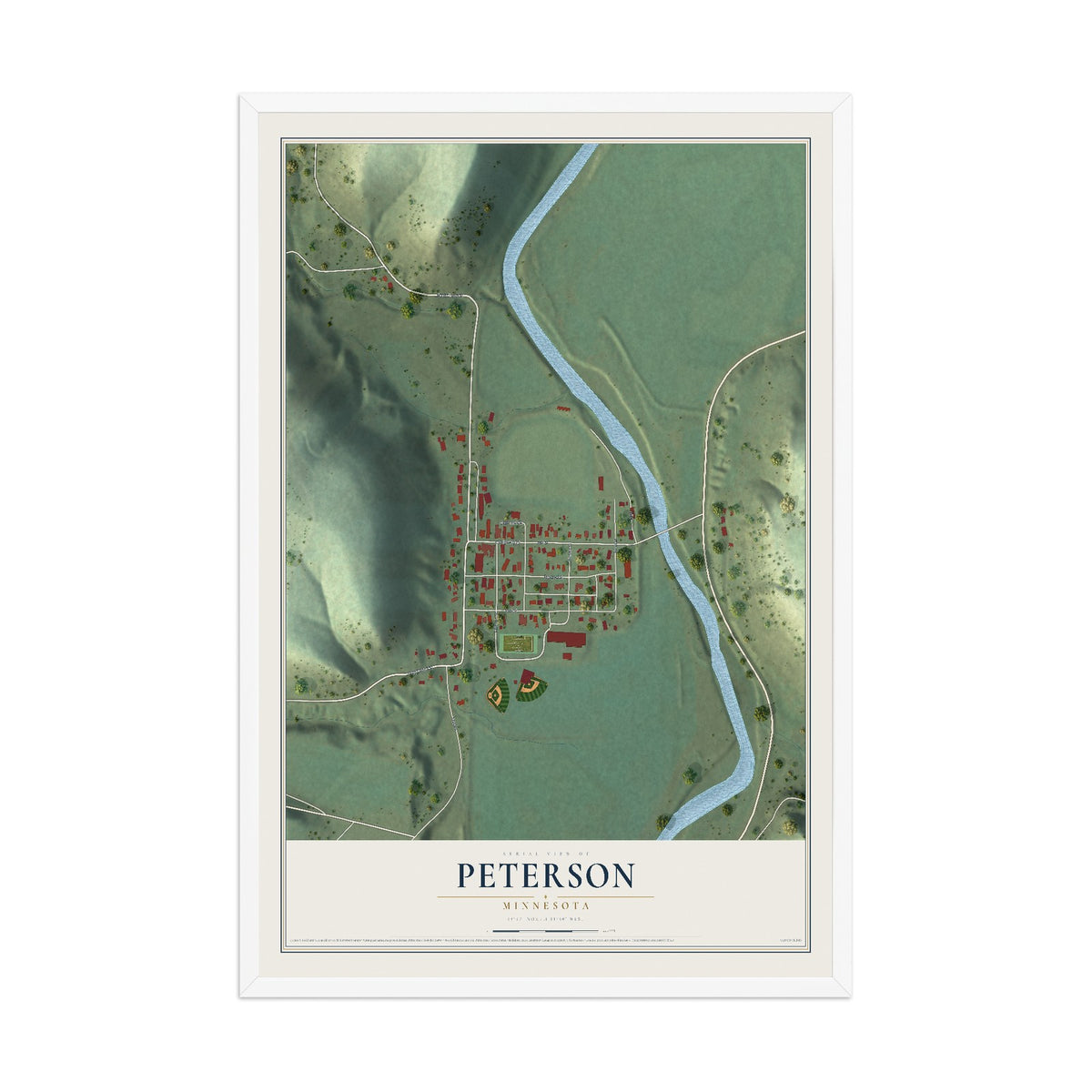 Map of Peterson, Minnesota, 12 x 18 inch print in a white wood frame